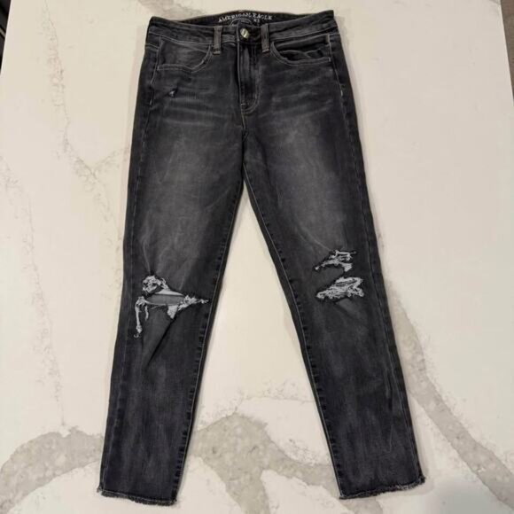 American Eagle High Rise Jegging Crop Denim Jeans Womens 4R Dark Gray Distressed - Picture 1 of 9